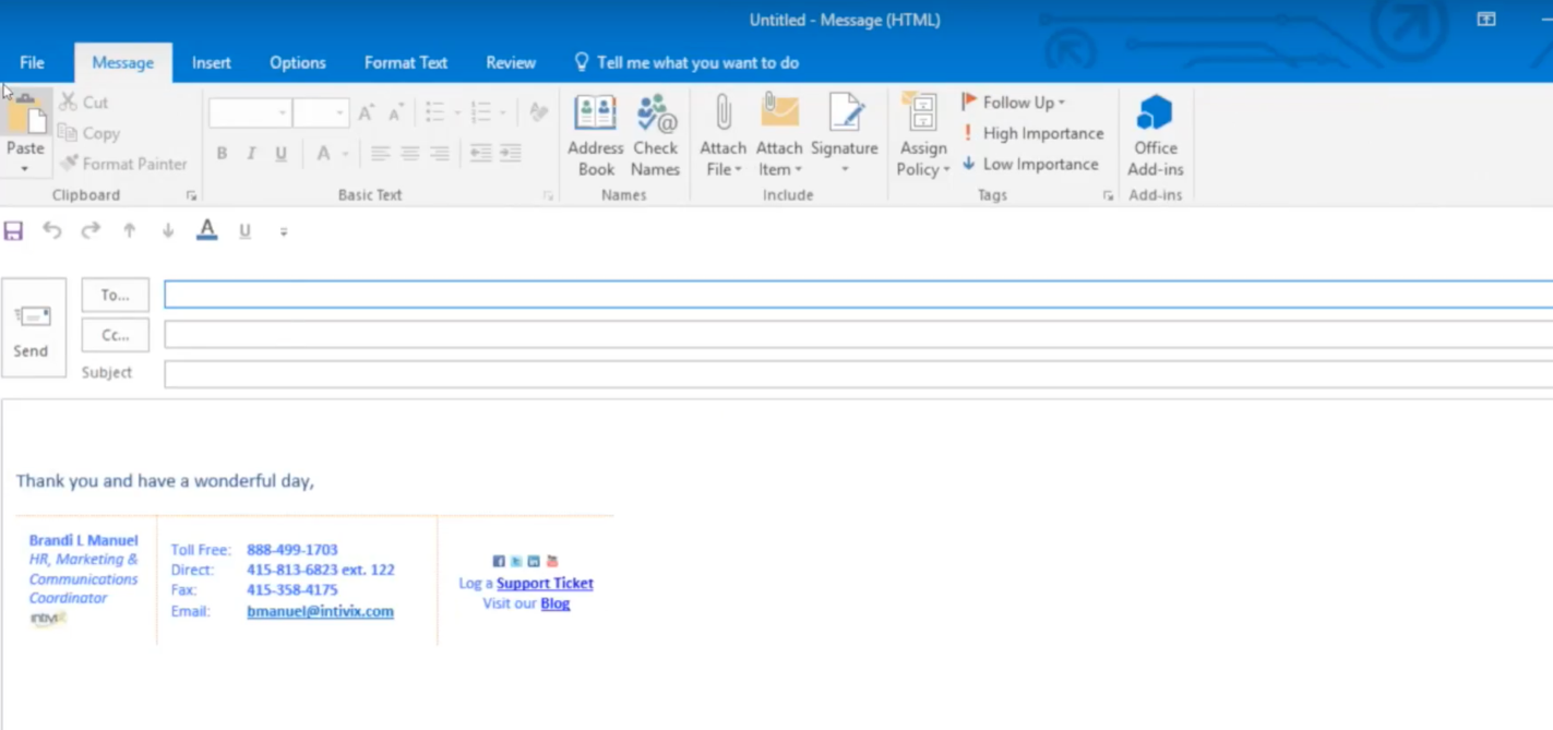 Office 365 outlook creating a signature block intivix it support